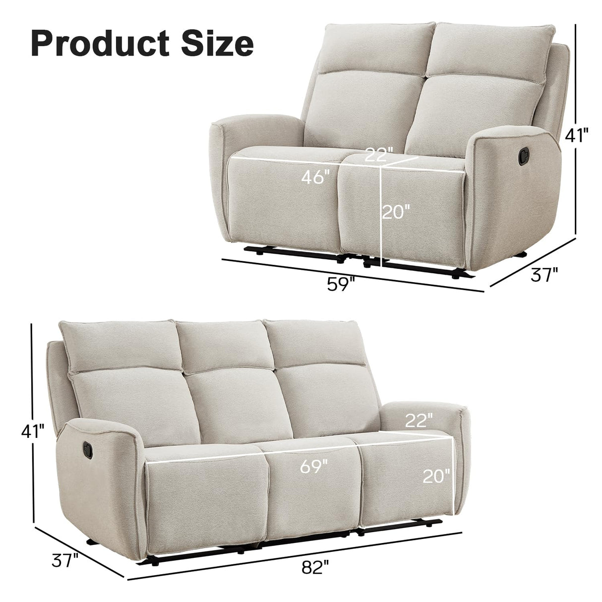 INZOY Manual Loveseat Recliner Sofa Set, Wall-Hugger Reclining Living Room Furniture Set, Chenille 2-Seater Recliner Chair and 3-Seat Reclining Sofa Couches for Office, Villa, Beige,2+3 INZOY