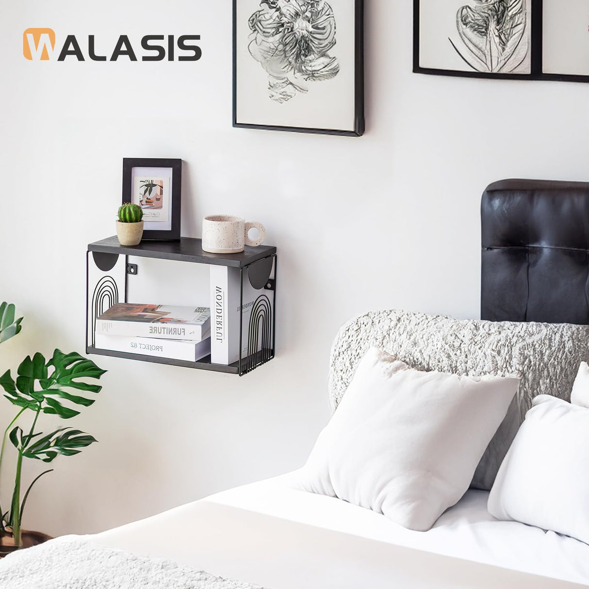 Walasis Black Nightstand Set of 2 - Floating Bedside Shelf Wood Wall Mounted Table Modern Hanging Night Stand Shelves Metal Walasis