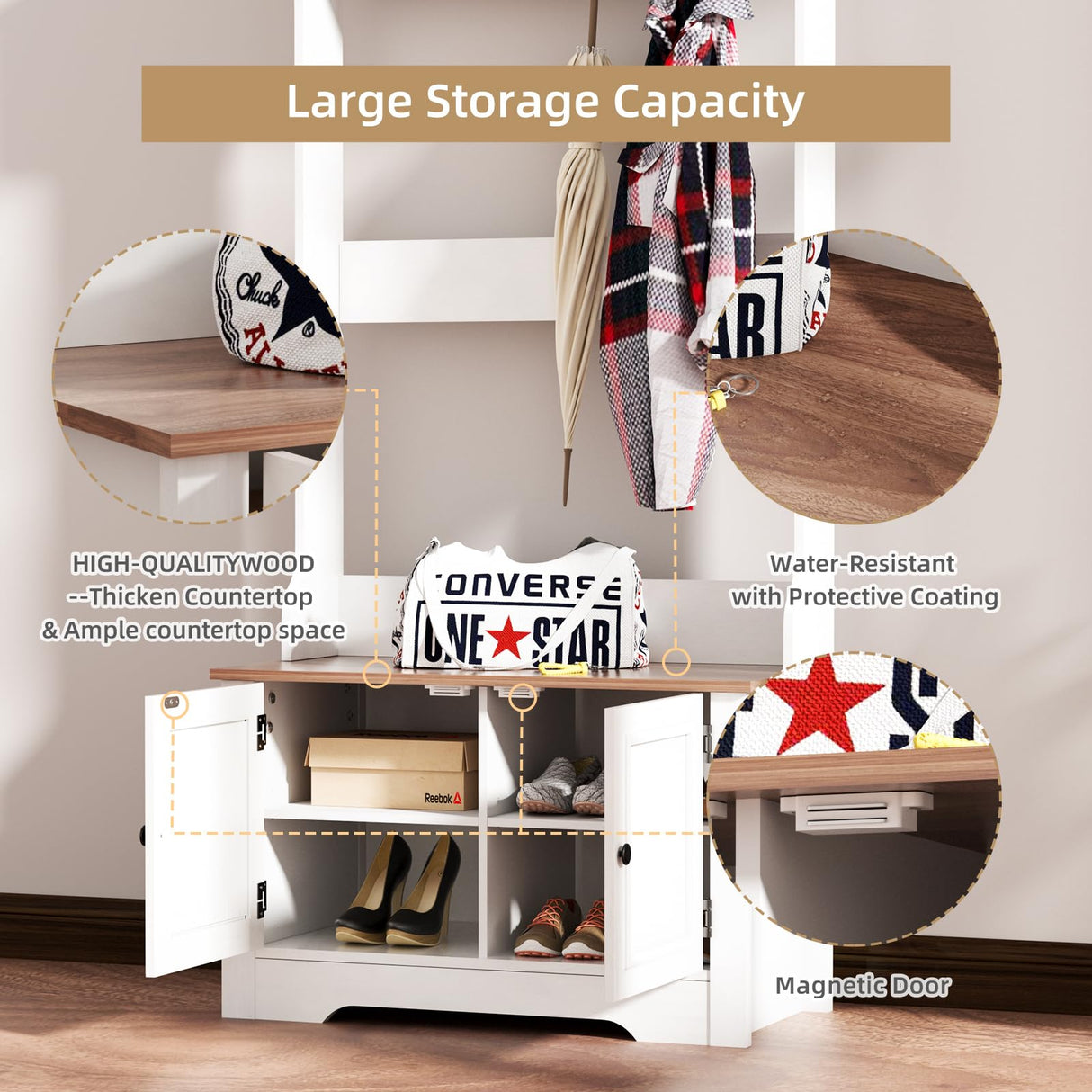 TOOBVEST Hall Tree with Shoe Storage, 5-in-1 Farmhouse Coat Rack with Shoe Bench, Standing Shoe Rack with 3 Hooks for Front Door Entrance Mudroom Entryway Bedroom Hallway Living Room, White and Walnut TOOBVEST