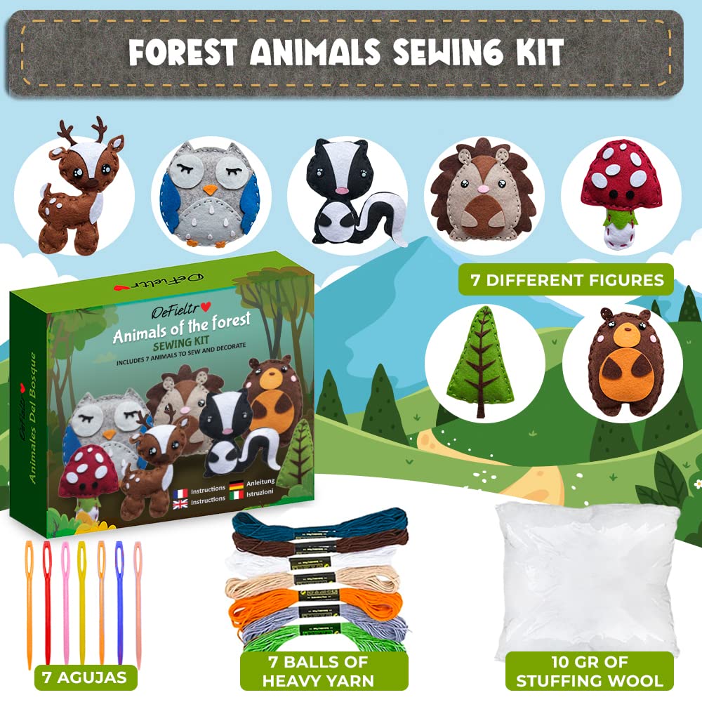 DeFieltro Sewing Kit for Kids Forest Animals Creative & EDUCACIONAL - Beautiful Complete Sewing Craft Kit with Easy-Perforation Felt for Kids - Beginners Sewing Kit for Hours of Fun Ages 8-12 DeFieltro