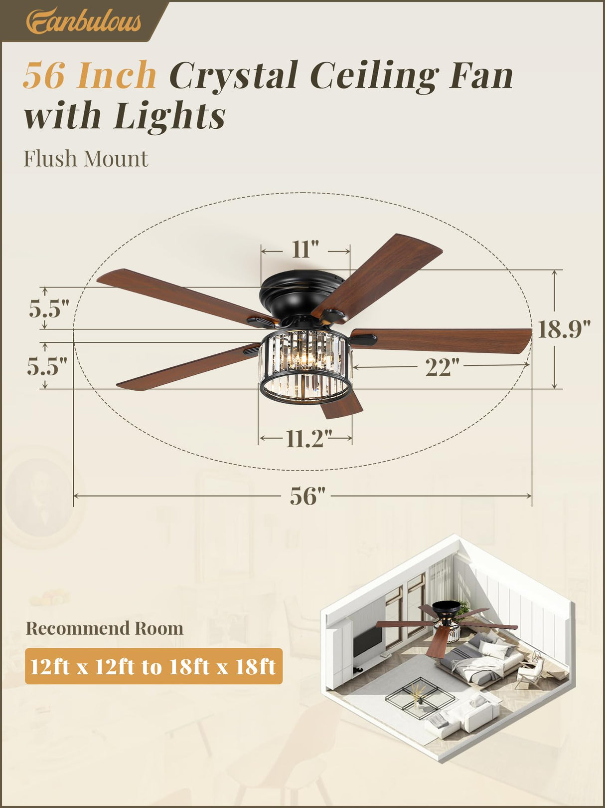 56 Inch Farmhouse Chandelier Ceiling Fan with Remote Control, Black Indoor Crystal Ceiling Fan with 6-Speeds, Quiet Reversible DC Motor, Flush Mount Ceiling Fan with Lights for Bedroom, Living Room Fanbulous
