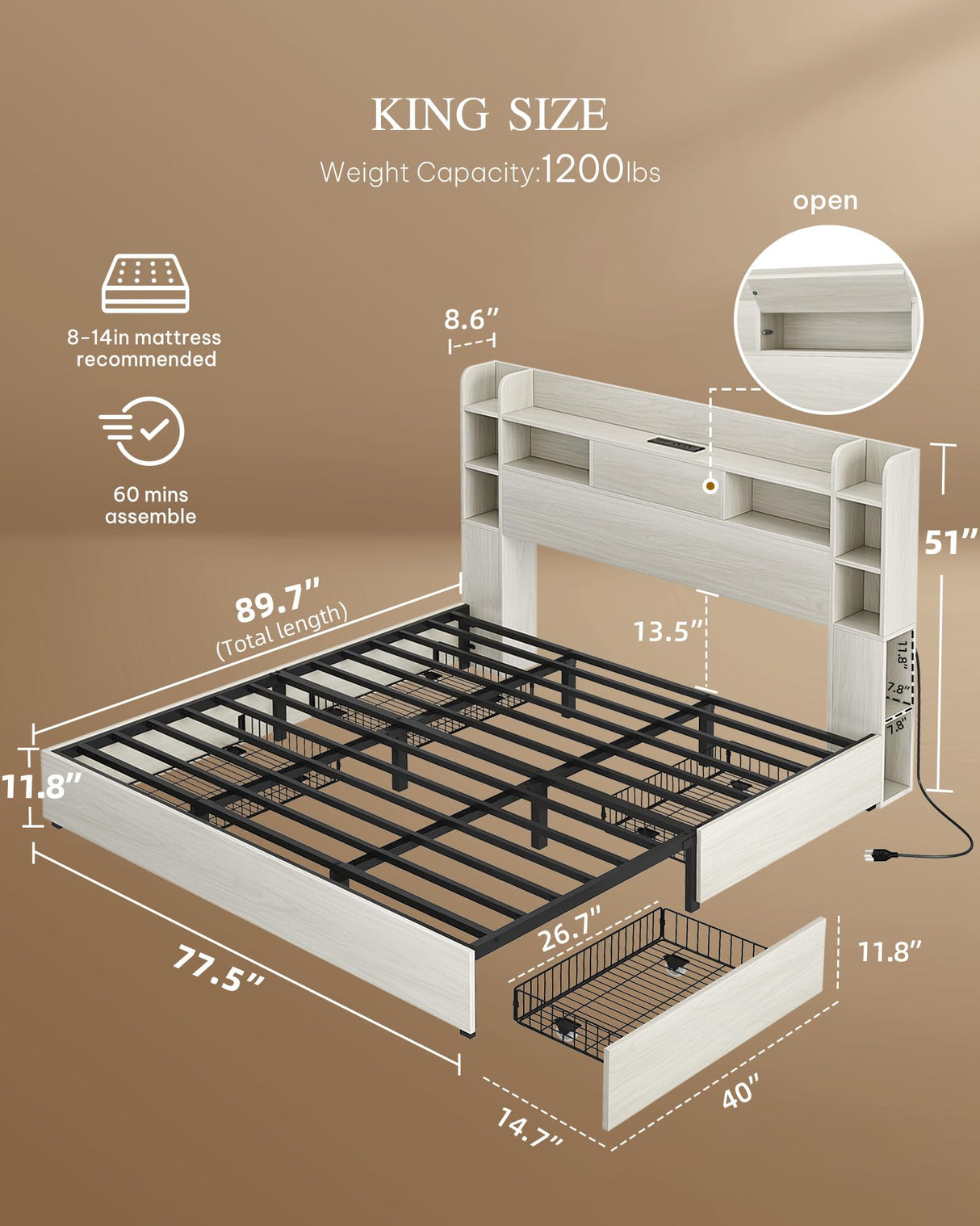YITAHOME King Bed Frame with Bookcase Headboard and 4 Storage Drawers, RGB LED Light Bed with Type-C & USB Charging Station Storage Headboard Bed Frame, No Box Spring Needed, Noise Free, Antique White YITAHOME
