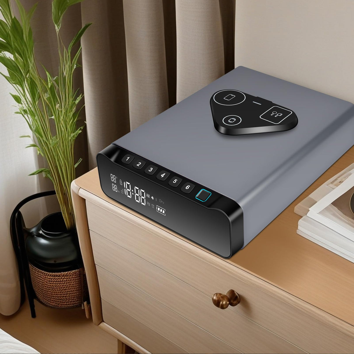 FTOP Biometric Fingerprint Gun Safe, Clock Handgun Safe with 3-in-1 Watch & Phone Wireless Charging, Drawer Lock for Hand guns, Cash, Valuables- with Humidity Reader|Temperature| Alarm Clock| Screen FTOP