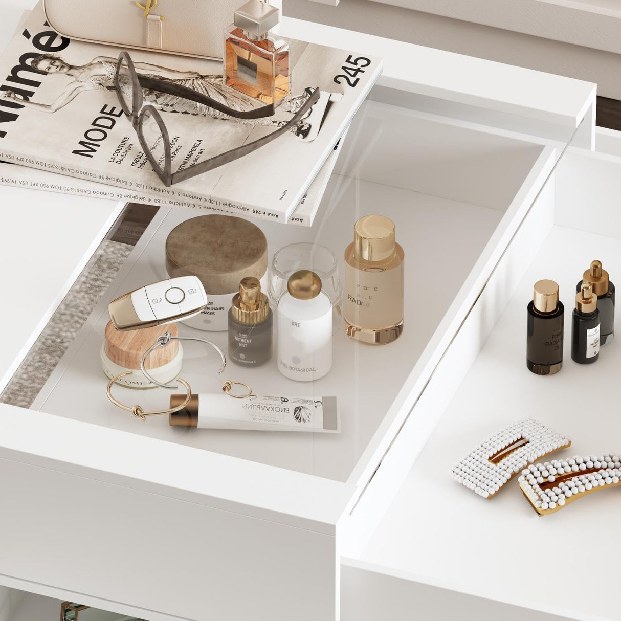 TAMUNE Armoire Bedroom Island Wardrobe Closet Island with 12 Drawers & Sliding Glass Tabletop, Island Dresser with Expandable Design, Closet Island for Bedroom Cloakroom White 63”W x 31.5”W x 35.8”H TAMUNE