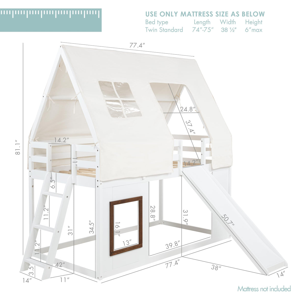 Spirich Kids Bunk Bed with Slide and Ladder, House Bed for Kids with Bed Tent, Playhouse Style Wooden Twin Loft Bed Frames with Roof, Windows, White Spirich