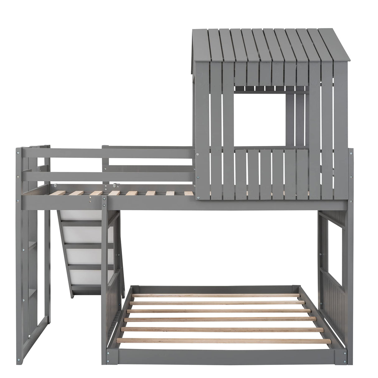 Harper & Bright Designs Grey Twin Over Full House Bunk Bed with Slide, Ladder, and Guardrails Harper & Bright Designs