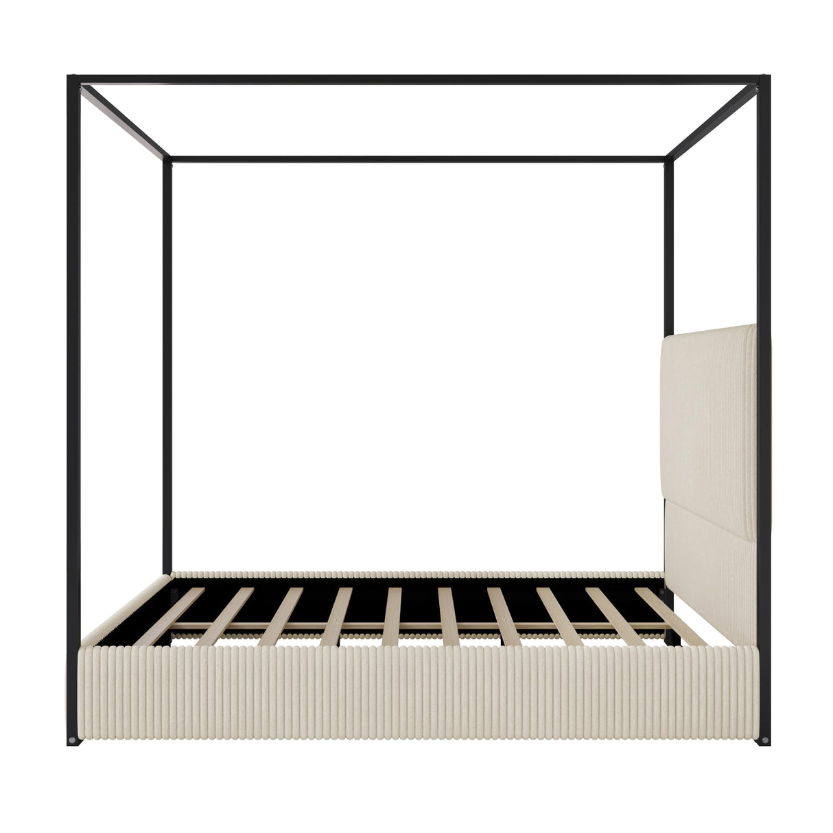 King Size Metal Canopy Bed with Tall Upholstered Channel Headboard and Gold 4 Poster, No Box Spring Needed (Cream+ Black, King) BEDGJH