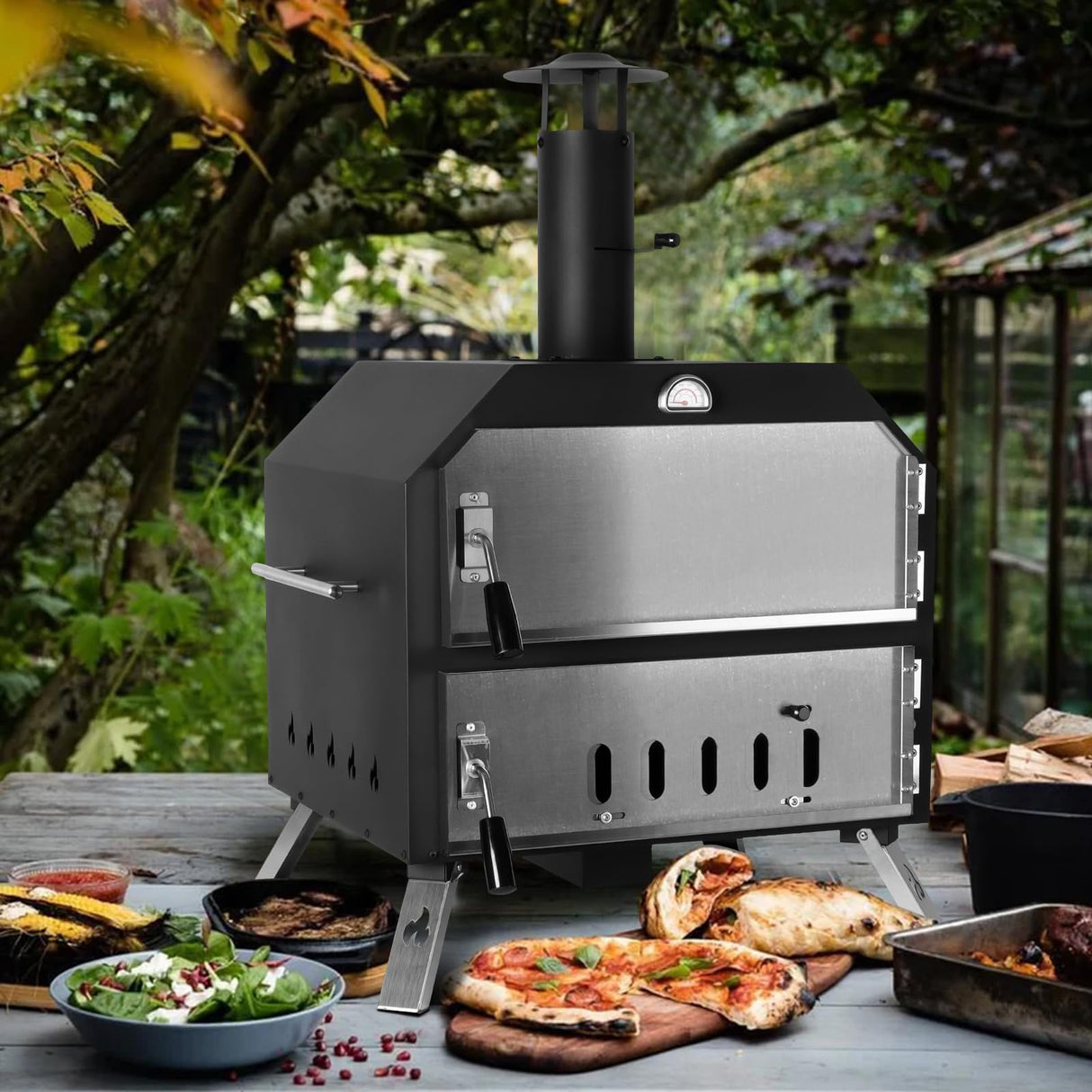15’’ Outdoor Pizza Oven Wood Fired Pizza Oven Portable Patio Ovens Included Pizza Stone, Pizza Peel, Fold-up Legs, Cover Cooking Rack for Camping Backyard BBQ Polar Aurora