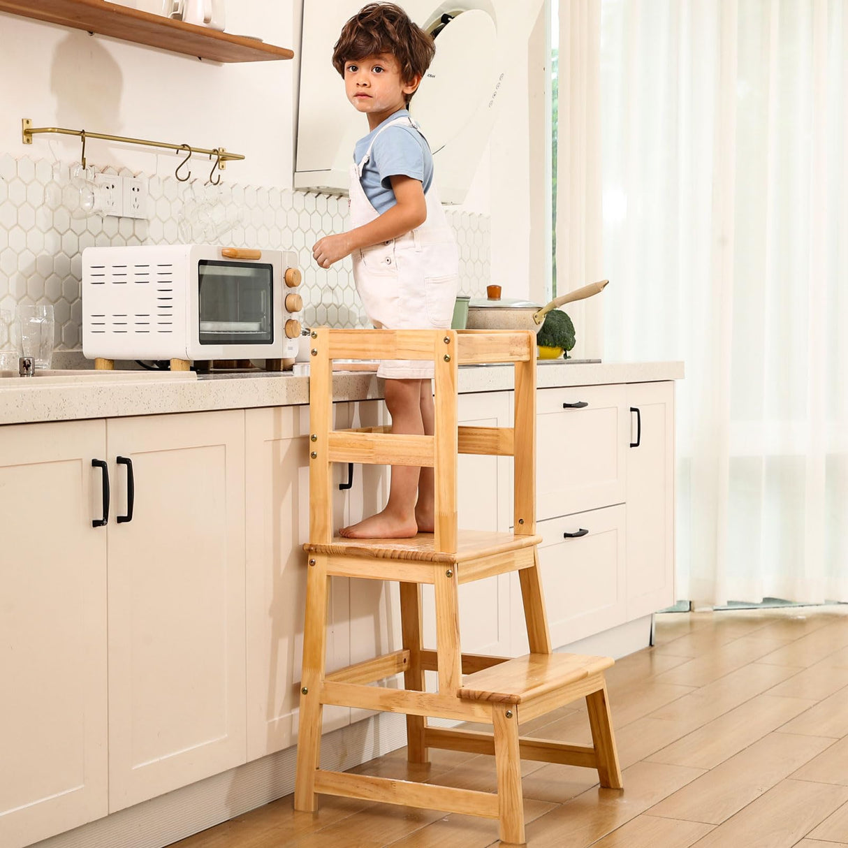 Kitchen Step Stool for Kids with Safety Rail,Solid Wood Construction Toddler Learning Stool, Montessori Toddlers Kitchen Stool Tower(Natural) Joylico