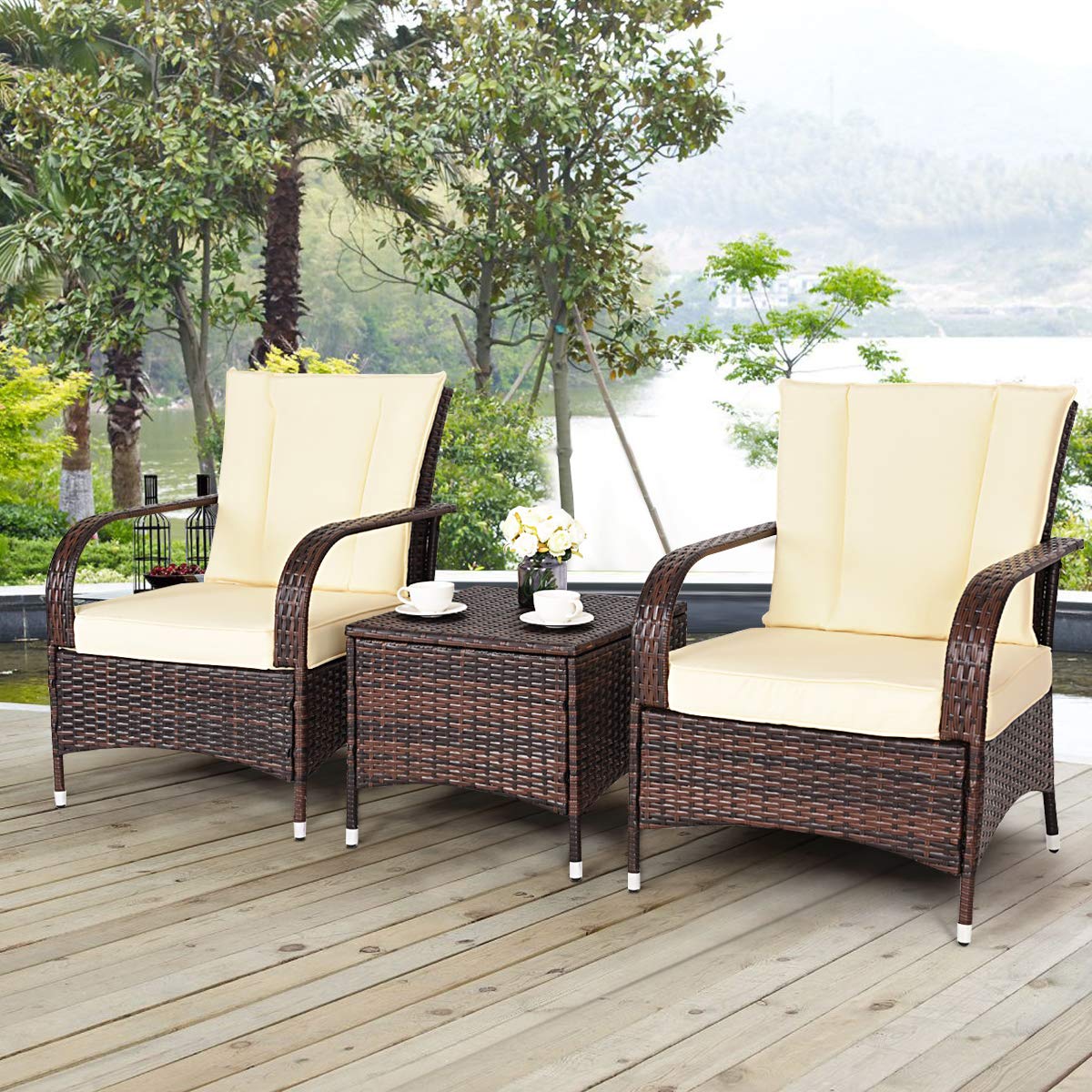 Tangkula 3 Piece Patio Furniture Set, 2 Wicker Chairs with Glass Top Coffee Table, Outdoor Garden Porch Poolside Furniture Set for 2, Rattan Conversation Set Tangkula