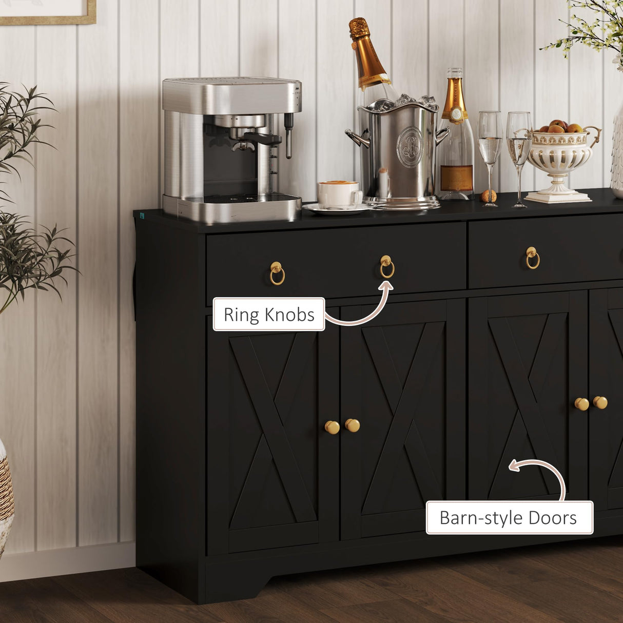 HOMCOM Sideboard Buffet Cabinet with Storage, 48" Kitchen Storage Cabinet with 2 Drawers and 4 Barn Doors, Farmhouse Coffee Bar Cabinet with Adjustable Shelves, Black HOMCOM