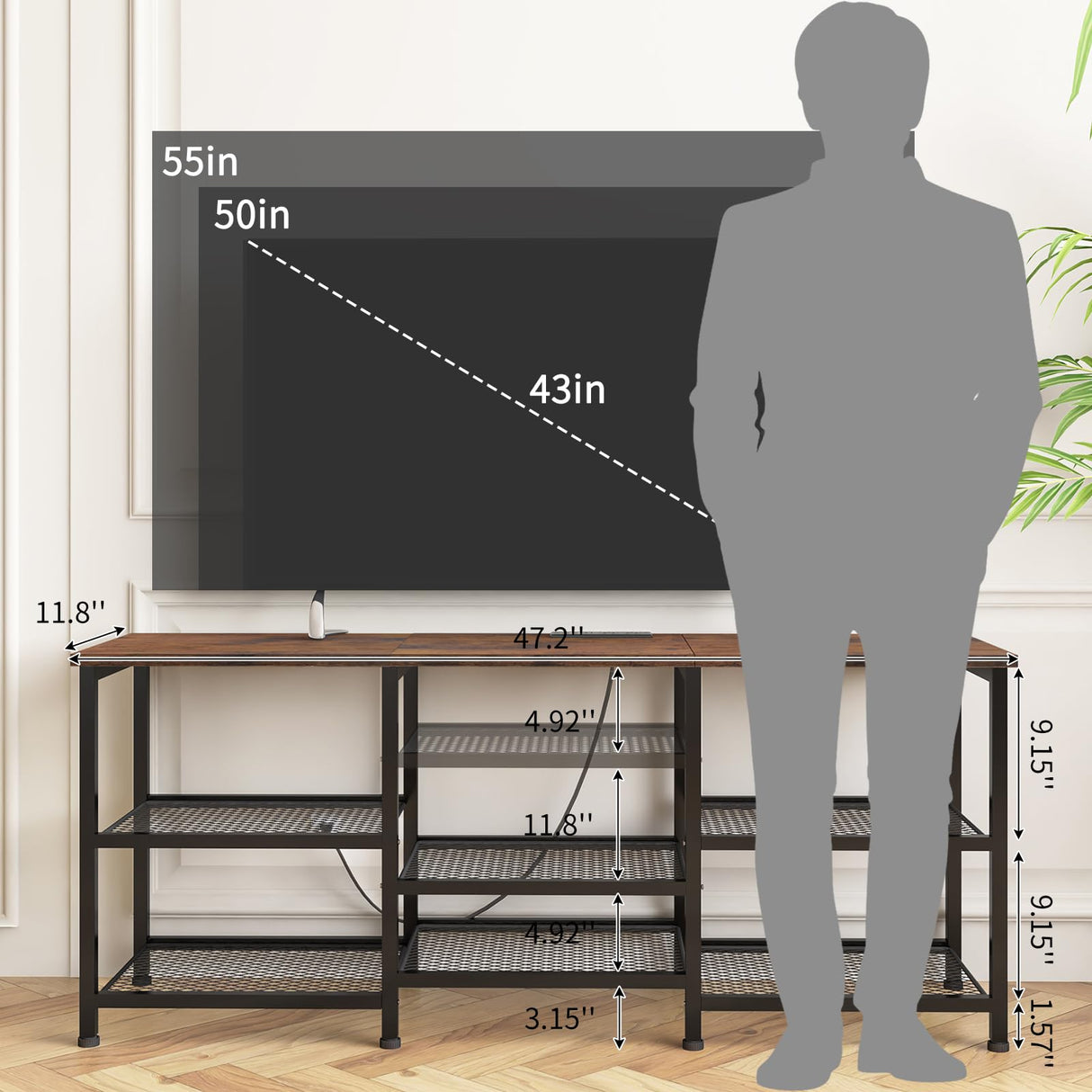 YGEOMER TV Stand for 55 inch TVs, Entertainment Center with Movable Shelf Panels, Power Outlet and LED Lights Open Storage Shelves, TV Media Console Table for Living Room and Bedroom, Rustic Brown YGEOMER