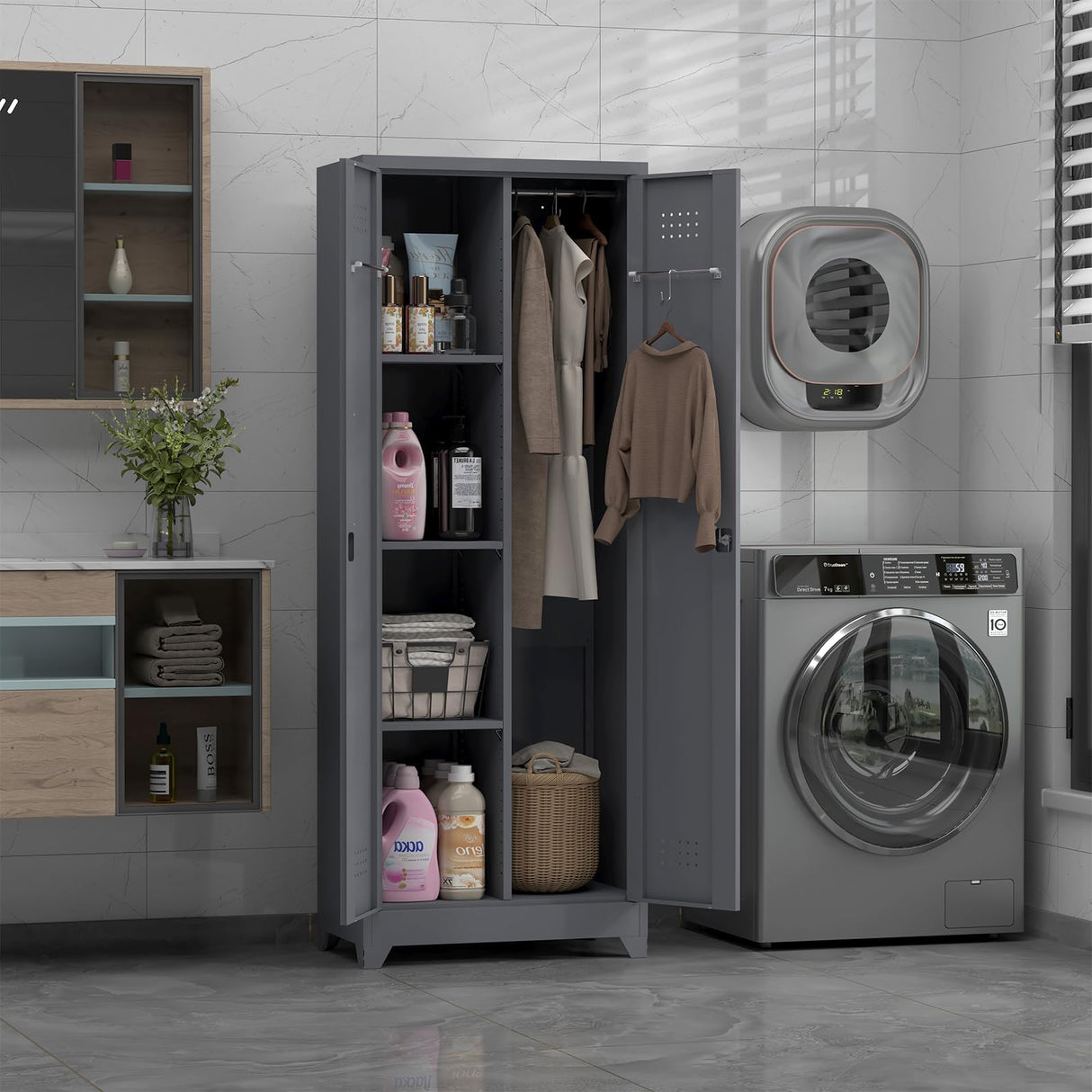 FATIGOS 65''H Broom Closet Storage Cabinets, Metal Utility Closet Storage Cabinet, Indoor Cleaning Cabinet with Adjustable Shelves and S-Hooks for Bathroom,Garage FATIGOS