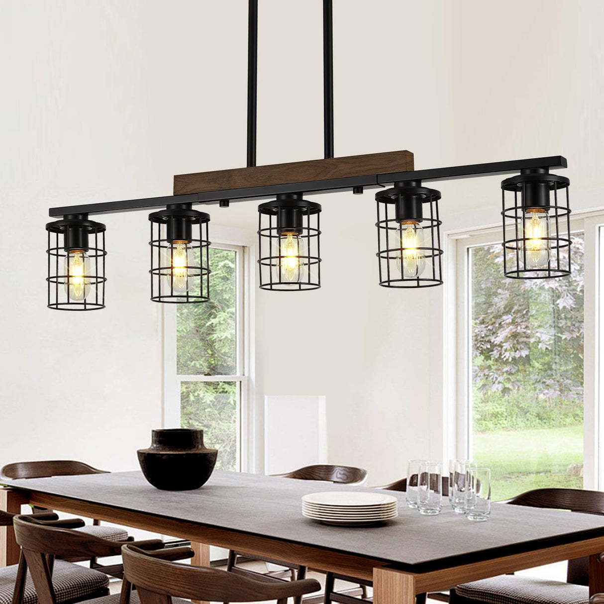 LmnLvn Dining Room Light Fixture/Chandelier Over Table, 36.2-Inch Hanging for Farmhouse Linear Chandeliers,5-Light Kitchen Island Lighting, Black Rustic Wooden Ceiling Chandelier,with Metal lampshade LmnLvn