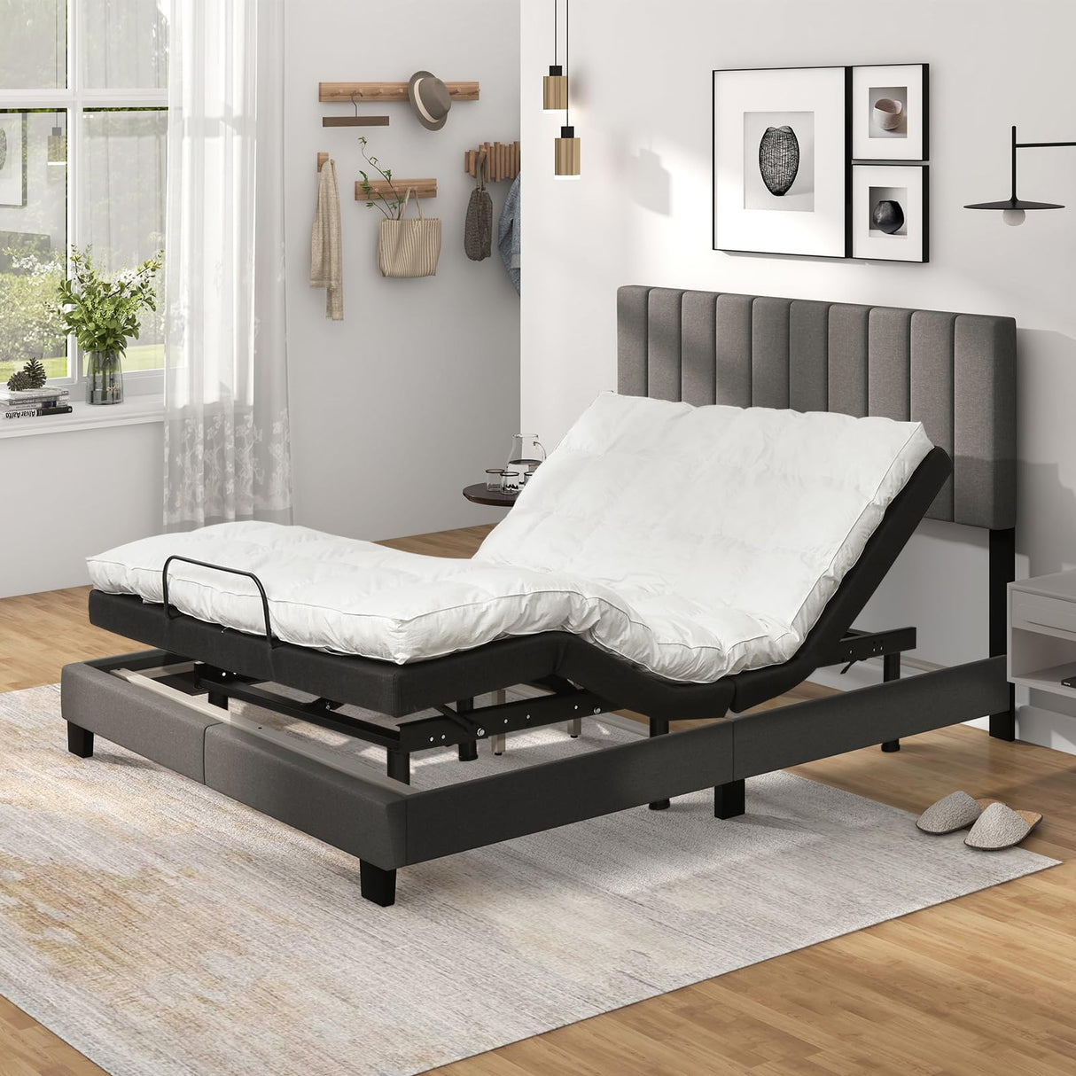 Giantex Modern Upholstered Queen Size Bed Frame with Linen Headboard and Solid Wood Legs Giantex