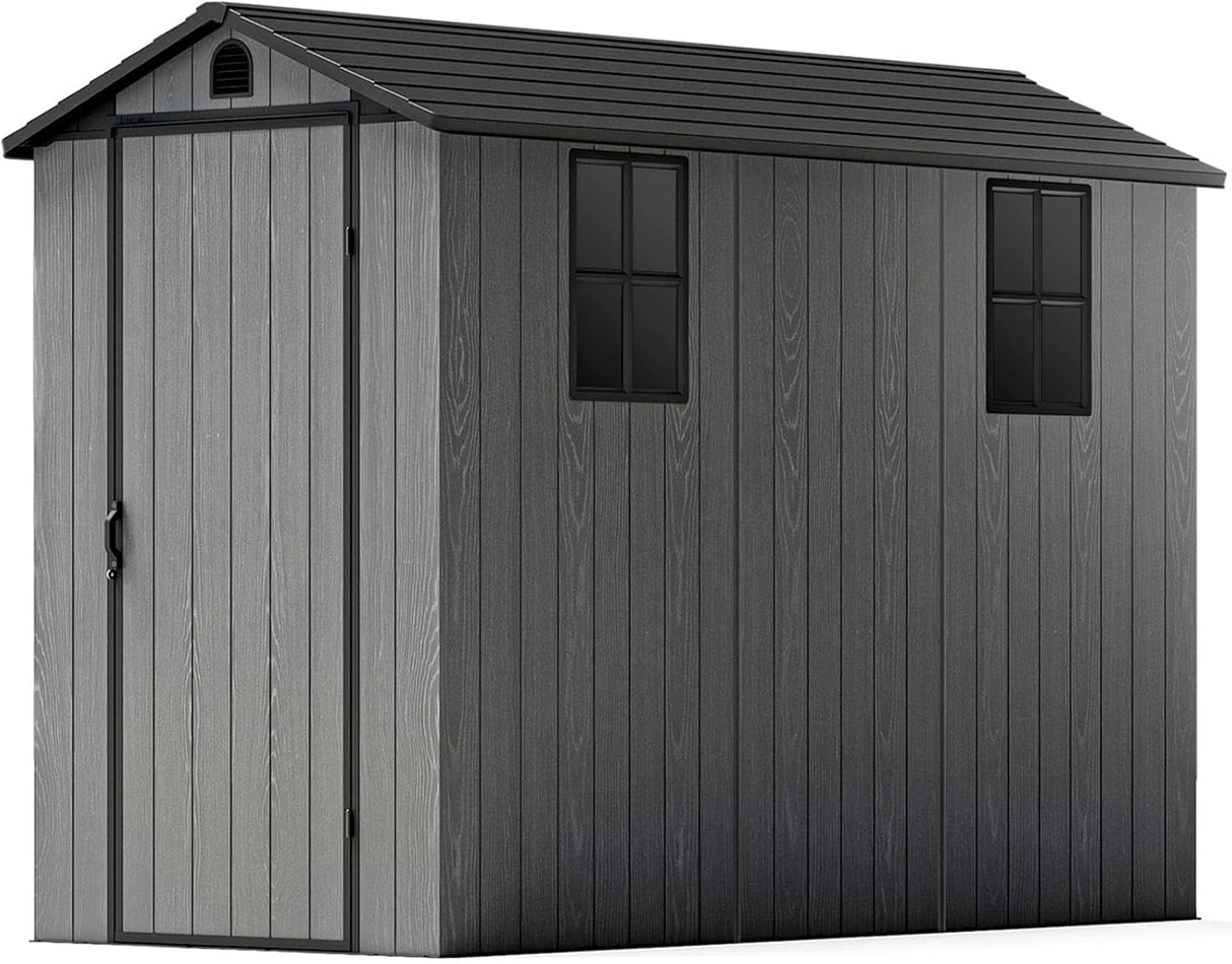 Patiowell 4x8 FT Outdoor Storage Shed with Floor & Windows, Lockable Resin Tool Shed for Garden, Backyard, Patio, and Lawn Equipment - Easy Assembly, All-Weather Protection, Gray (Fit-it Shed) Patiowell