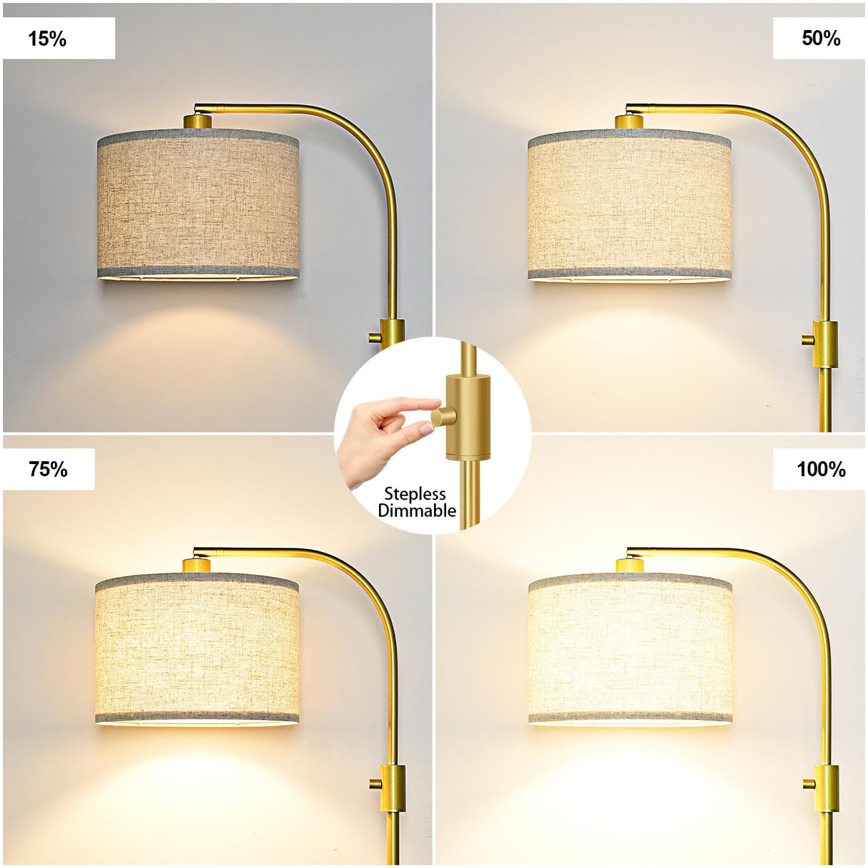 【Upgraded】 Dimmable Gold Floor Lamp, 1200 Lumens LED Bulb Included, Arc Floor Lamps for Living Room Modern Standing Lamp with Linen Shade, Tall Lamp for Living Room Bedroom Office Reading Room Nursery Nintiue