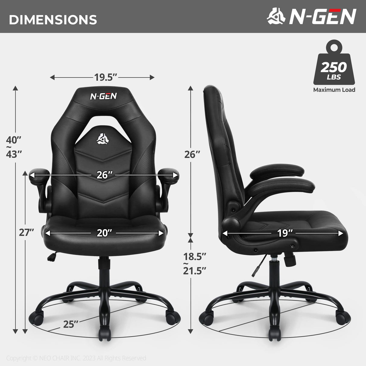 N-GEN Video Gaming Computer Chair Ergonomic Office Chair Desk Chair with Lumbar Support Flip Up Arms Adjustable Height Swivel PU Leather Executive with Wheels for Adults Women Men (Black) NEO CHAIR