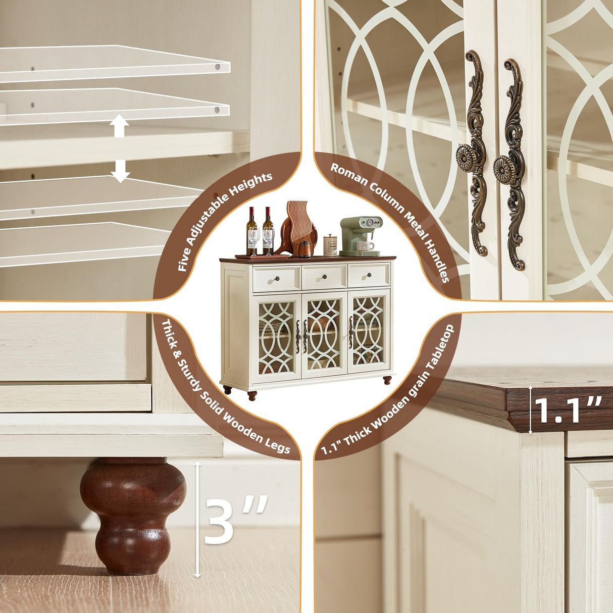 Joaxswe Farmhouse Sideboard Buffet Cabinet with Storage,48" Large Credenza with 3 Glass Doors & 3 Drawers,Adjustable Shelves Console Table,Wood Kitchen Coffee Bar for Dining Room,Living Room,White Joaxswe