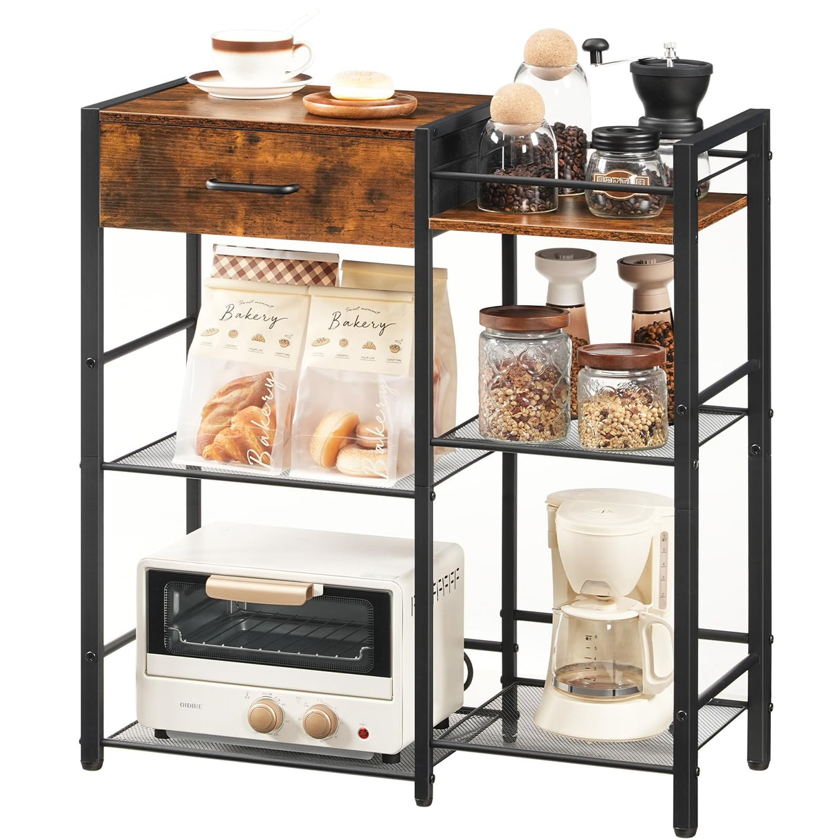 HOOBRO Coffee Bar Cabinet, Farmhouse Coffee Stand Station, 6 Tiers Kitchen Station Table with Drawer, Kitchen Bar Table for Small Space, Buffet Sideboard Cabinet with Storage, Rustic Brown BF77KF01 HOOBRO