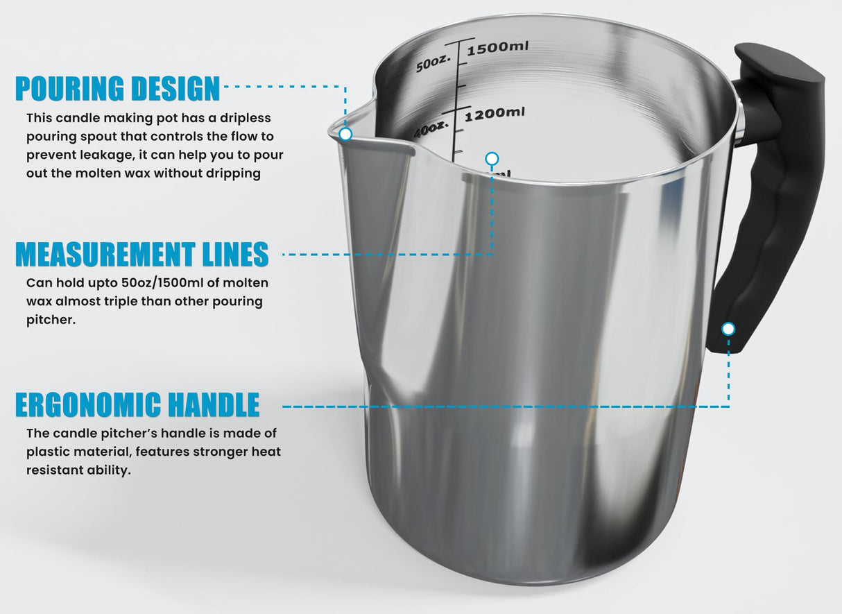 Natikon Candle Making Pouring Pot Stainless Steel Pitcher with Heat-Resistant Handle and Dripless Pouring Spout Design | 1500 ML/50 OZ NATIKON