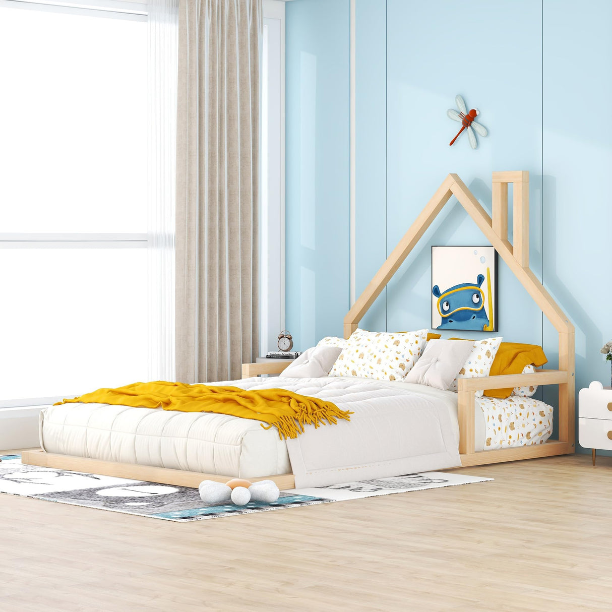 MERITLINE House-Shaped Full Size Floor Bed Frame for Kids – Stylish & Safe Wood Design MERITLINE