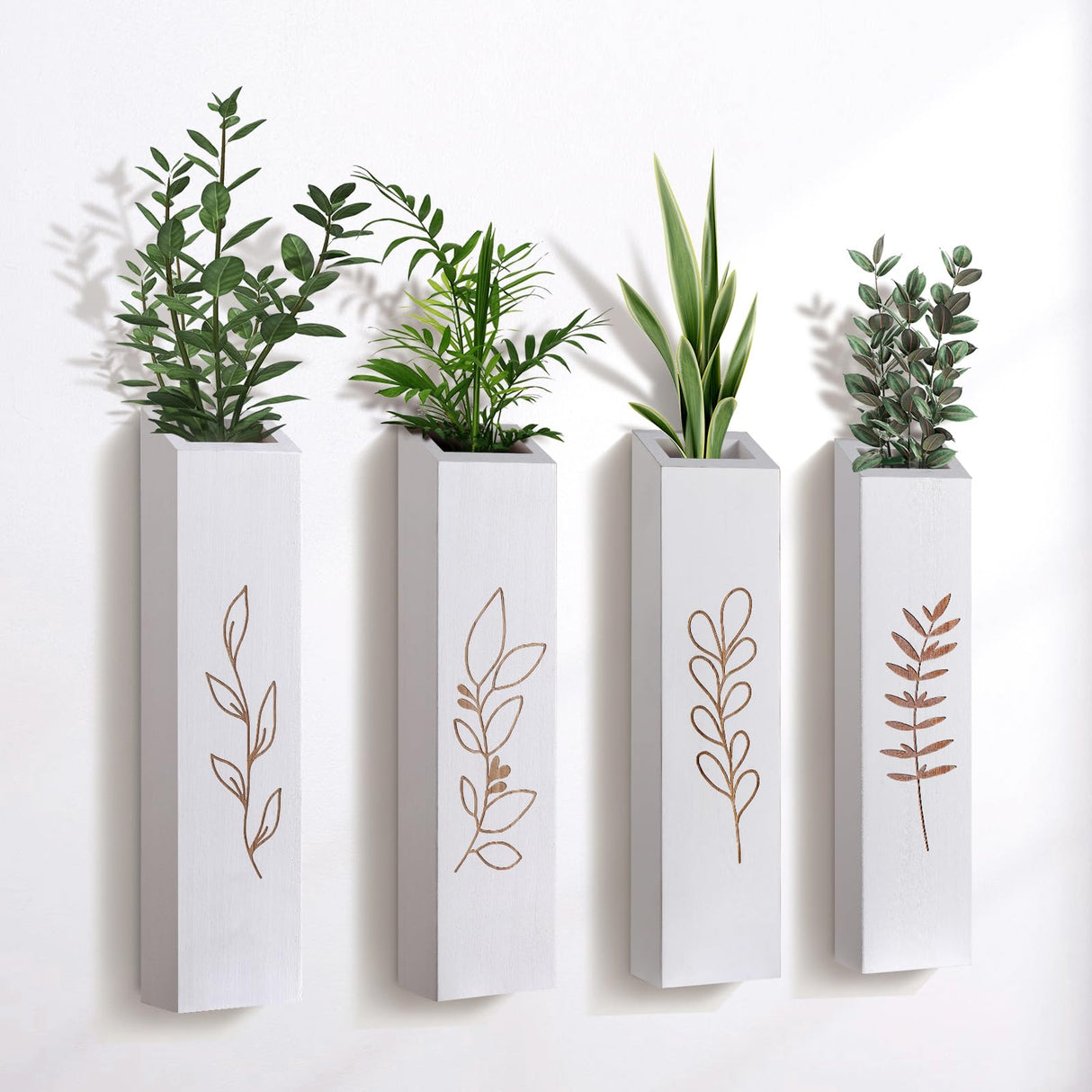 BOTOP Wood Wall Planter, Farmhouse 4 Pack Indoor Pocket Wall Vases Decor for Living Room Bedroom Dried Flowers Faux Greenery Plants (White) BOTOP
