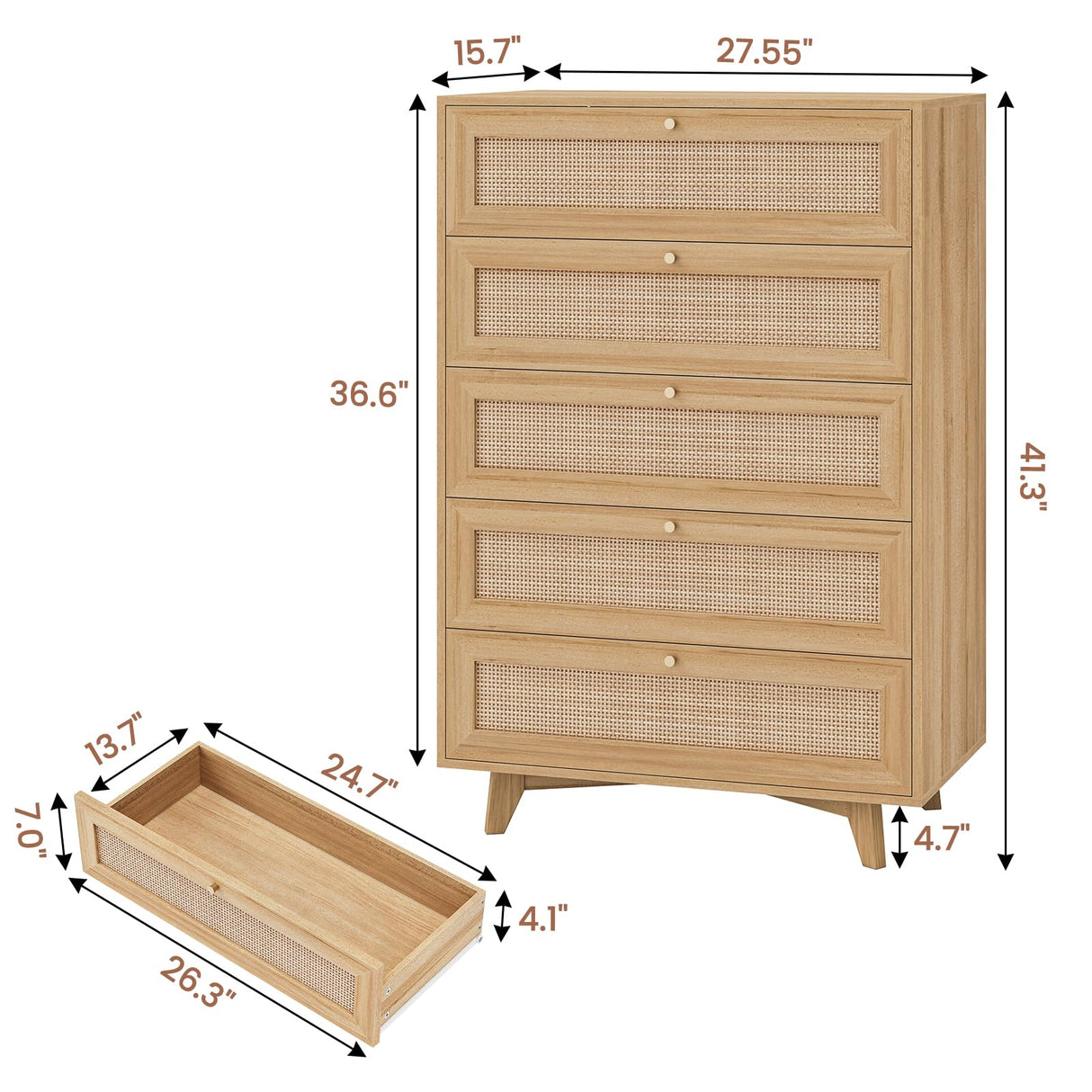 VIAGDO Rattan Dresser for Bedroom, 5 Drawer Dresser with Natural Rattan Drawers, Wooden Tall Dresser with Gold Handles, Modern Closet Dressers Chest of Drawers for Nursery Entryway Living Room VIAGDO