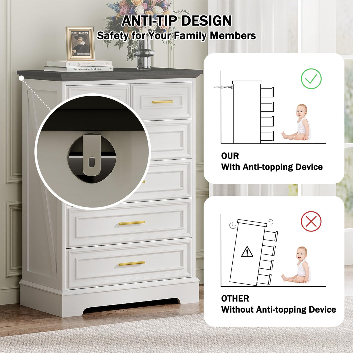 Virabit White Dresser for Bedroom with 6 Drawers, 44" Tall Wooden Farmhouse Cabinet, Modern Kids Dresser with Metal Handle, Mid Century Chest of Organizer for Closet, Living Room, Hallway Virabit