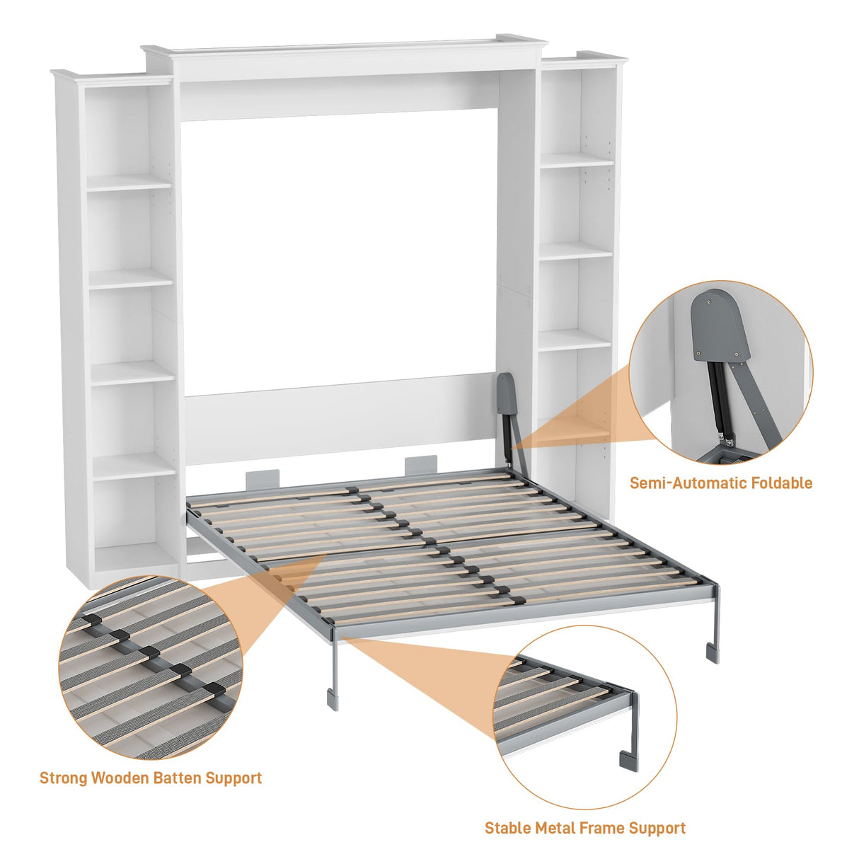 BEQAI Murphy Bed Queen with Storage Bookcase & 4 Adjustable Shelves, Queen Murphy Bed Cabinet Bed, Foldable Space Saving Furniture Beds, Wood Wall Bed for Guest Room, Bedroom, White BEQAI