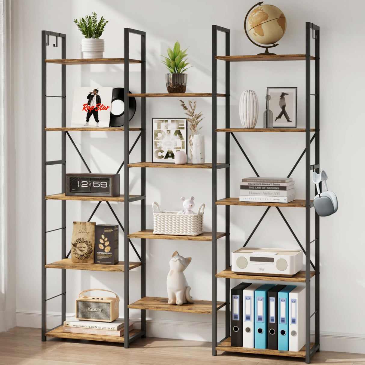 DSNAPE Triple Wide 5 Tier Bookshelf, 67" H Tall Industrial Bookcase with 14 Open Book Shelves, 4 Bonus Hooks and Adjustable Feet, Large Display Storage for Living Room, Office, Rustic Brown DSNAPE