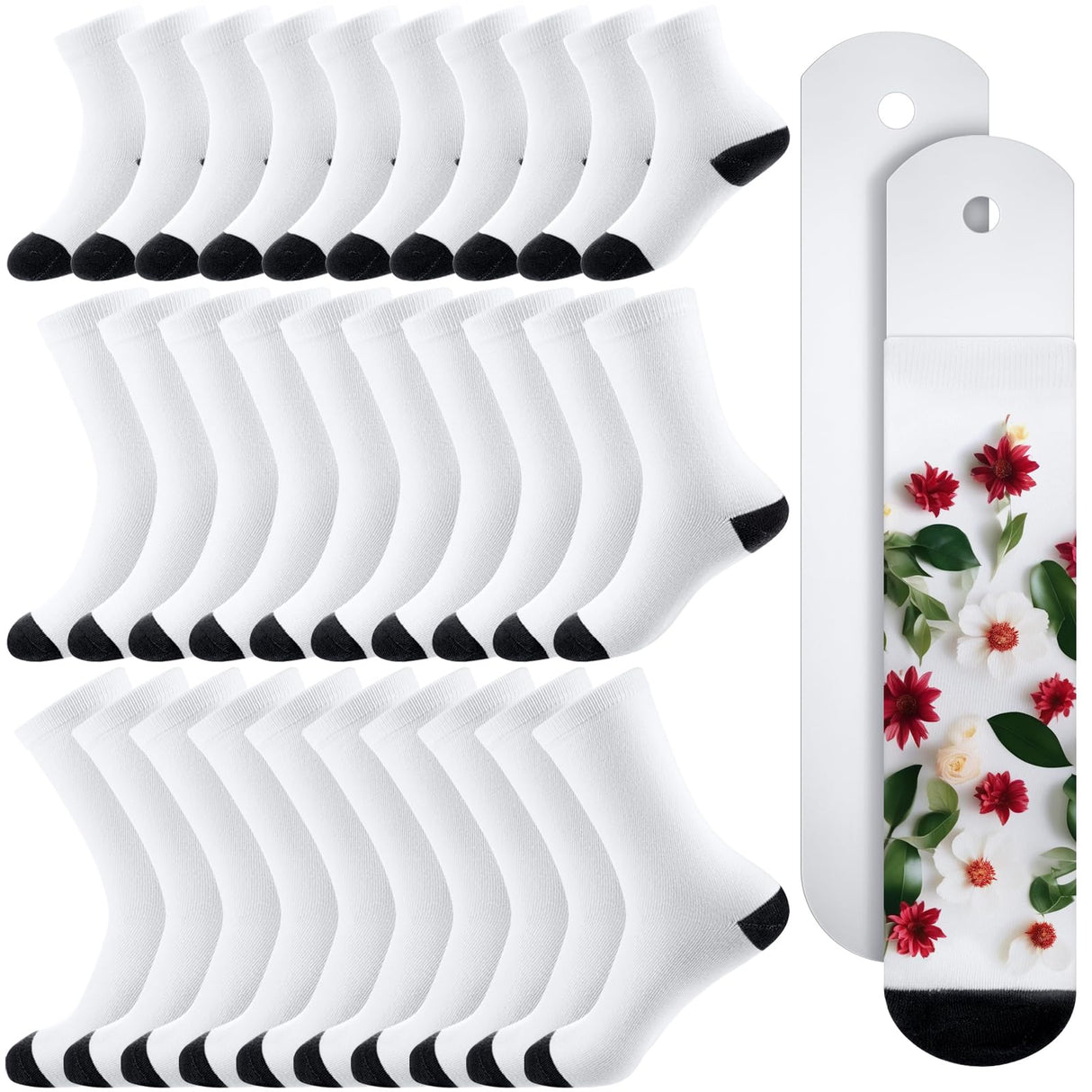 Toulite 15 Pairs White Sublimation Socks Blanks Polyester Socks Heat Transfer Socks 2 Pcs Metal Sublimation Sock Jig, 3 Sizes(Black Sole) Toulite