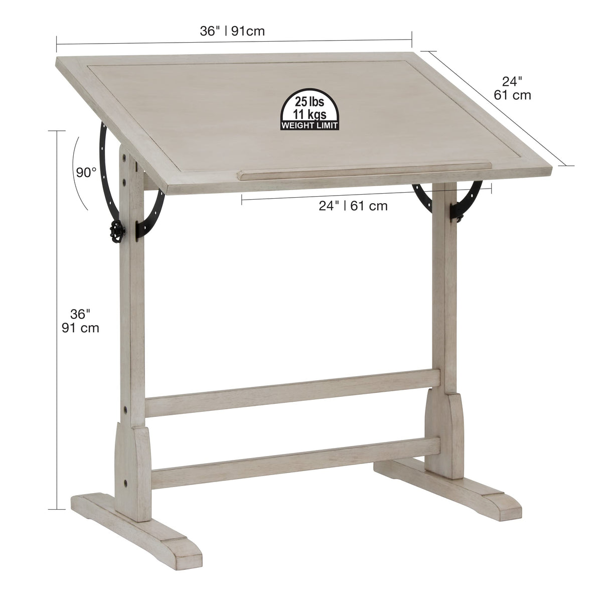 Studio Designs Vintage Drawing/Drafting Table with Pencil Ledge - 36" W x 24" D - Coastal Whitewash - Adjustable Tilting Top SD STUDIO DESIGNS