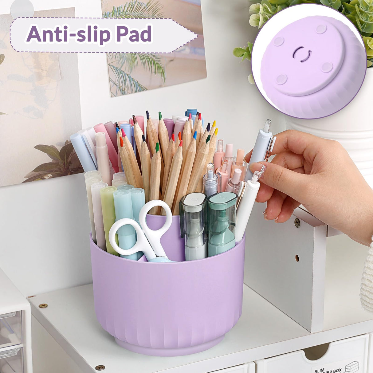 SKYDUE 360 Degree Rotating Desk Organizer, Dual-Purpose Pencil Pen Holder for Desktop, Rotating Desk Pen Organizer with 5 Slots Purple SKYDUE