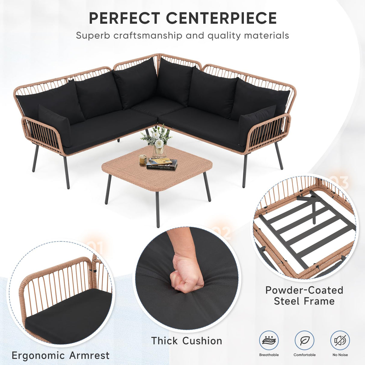 Verano Garden 4 Piece Outdoor Patio Furniture Set, Outdoor Wicker Sectional Couch, Balcony Furniture Set with Cushions & Square Table, Patio Conversation Set for Porch, Backyard (Black, 4PCS Sofa Set) Verano Garden