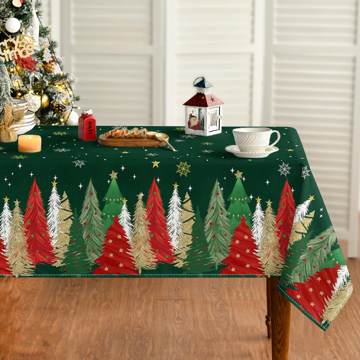 Horaldaily Christmas Tablecloth 60×84 Inch Rectangular, Christmas Trees Green Washable Table Cover for Party Picnic Dinner Decor Horaldaily