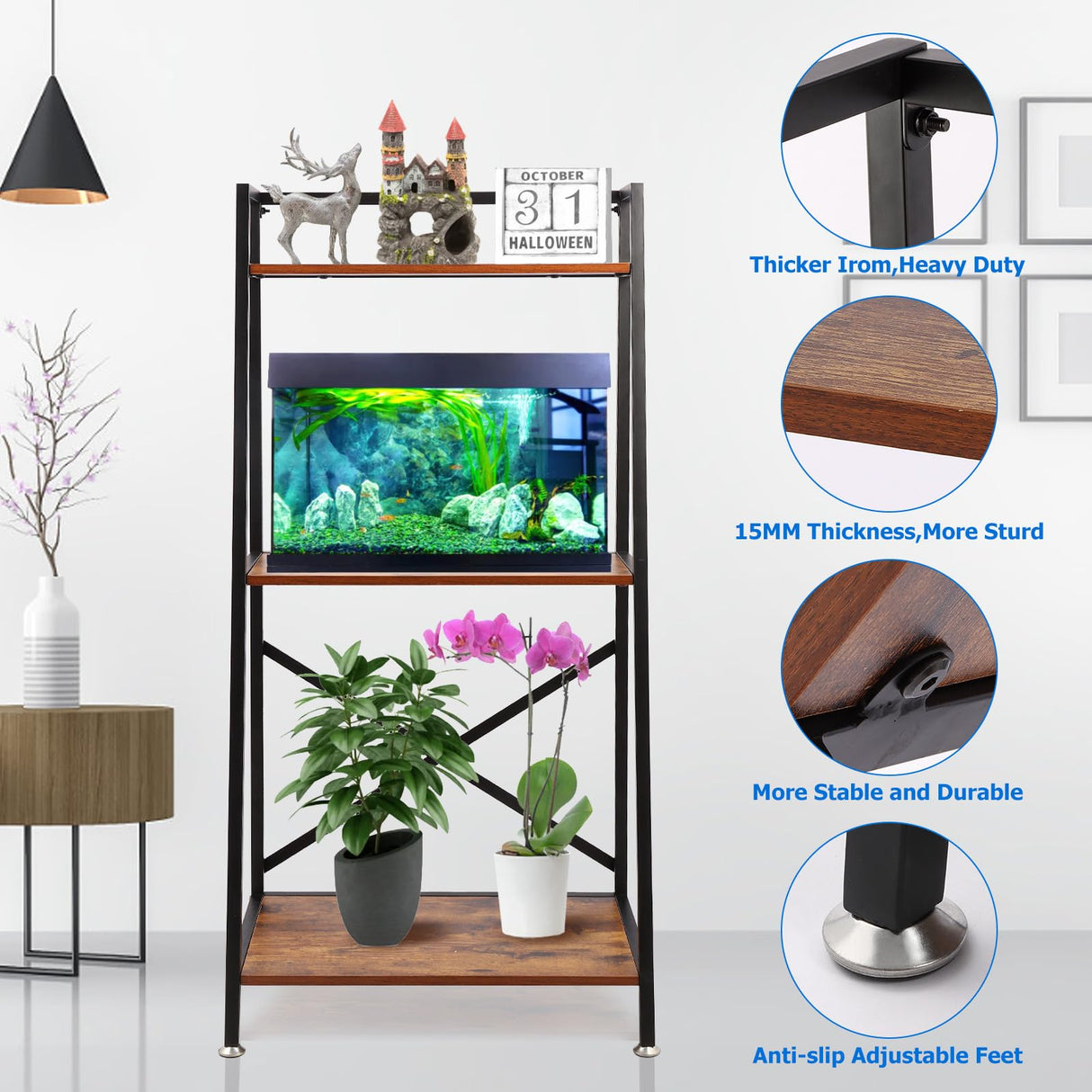 Eastern Tree Fish Tank Stand for 10-20 Gallon Aquarium, Aquarium Stand with Wooden Shelf for Storage, 3-Tiers Metal Tank Stand Fit Reptile Tank, Turtle Tank, Planting Tank, Display at Home or Office Eastern Tree