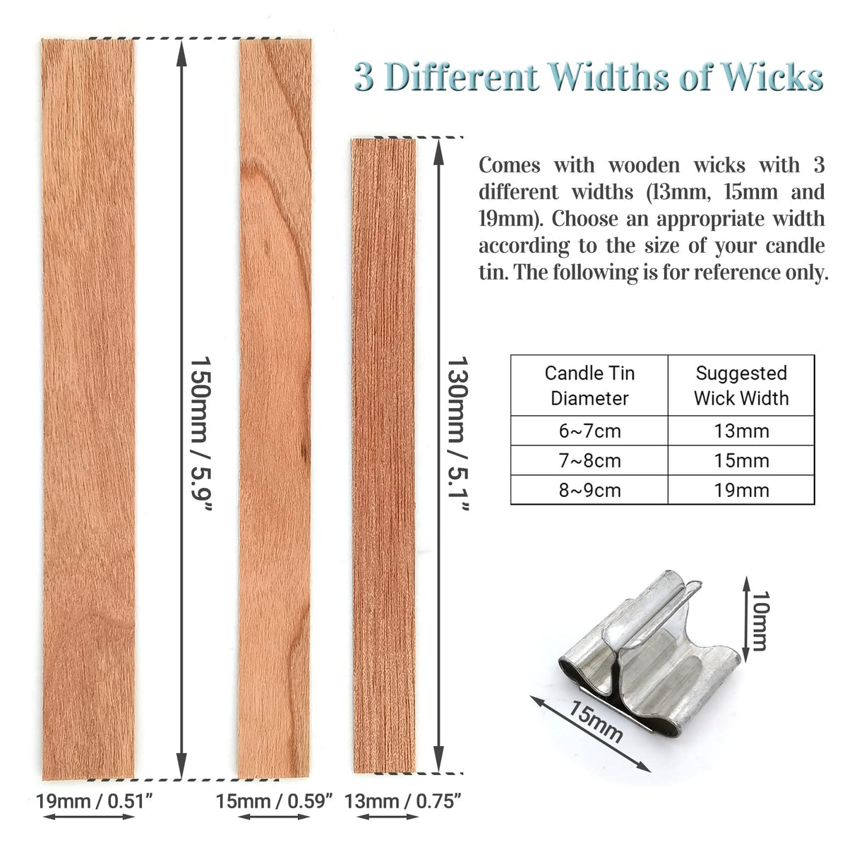 50 Set Wood Candle Wicks 3 Widths, DIY Candle Making Supplies Wooden Wicks with Iron Stands for Handmade Candles Including 20Set 5.1x0.51in, 20Set 5.9x0.59in, 10Set 5.9x0.75in Natural Wood Wick SWIGRANCE