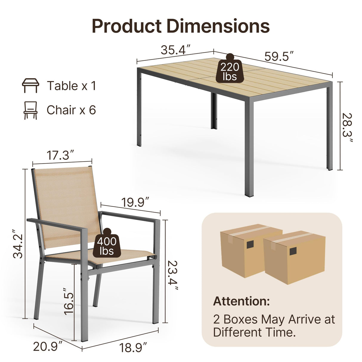 Ahomly Patio Table and Chairs Set for 6, Outdoor Dining Set Includes 59.5" Rectangle Patio Table with Side Umbrella Hole and 6 Textilene Fabric Patio Chairs for Backyard, Courtyard, Poolside, Brown Ahomly