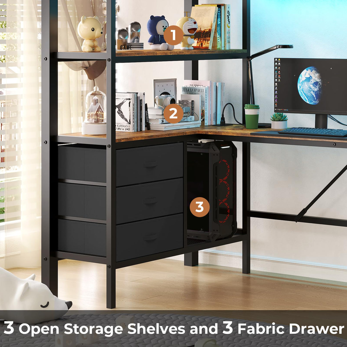 DICTAC Twin Metal Loft Bed with L-Shaped Desk, LED Lights, Charging Station, and Storage Solutions in Black DICTAC