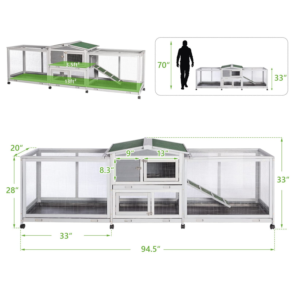 Esright 94.5'' Rabbit Hutch with 8 Wheels, Bunny Cage Two Run Rabbit Cage Outdoor Wooden Bunny Hutch Small Animal House with Removable Tray & Anti-Slip Ramp Esright