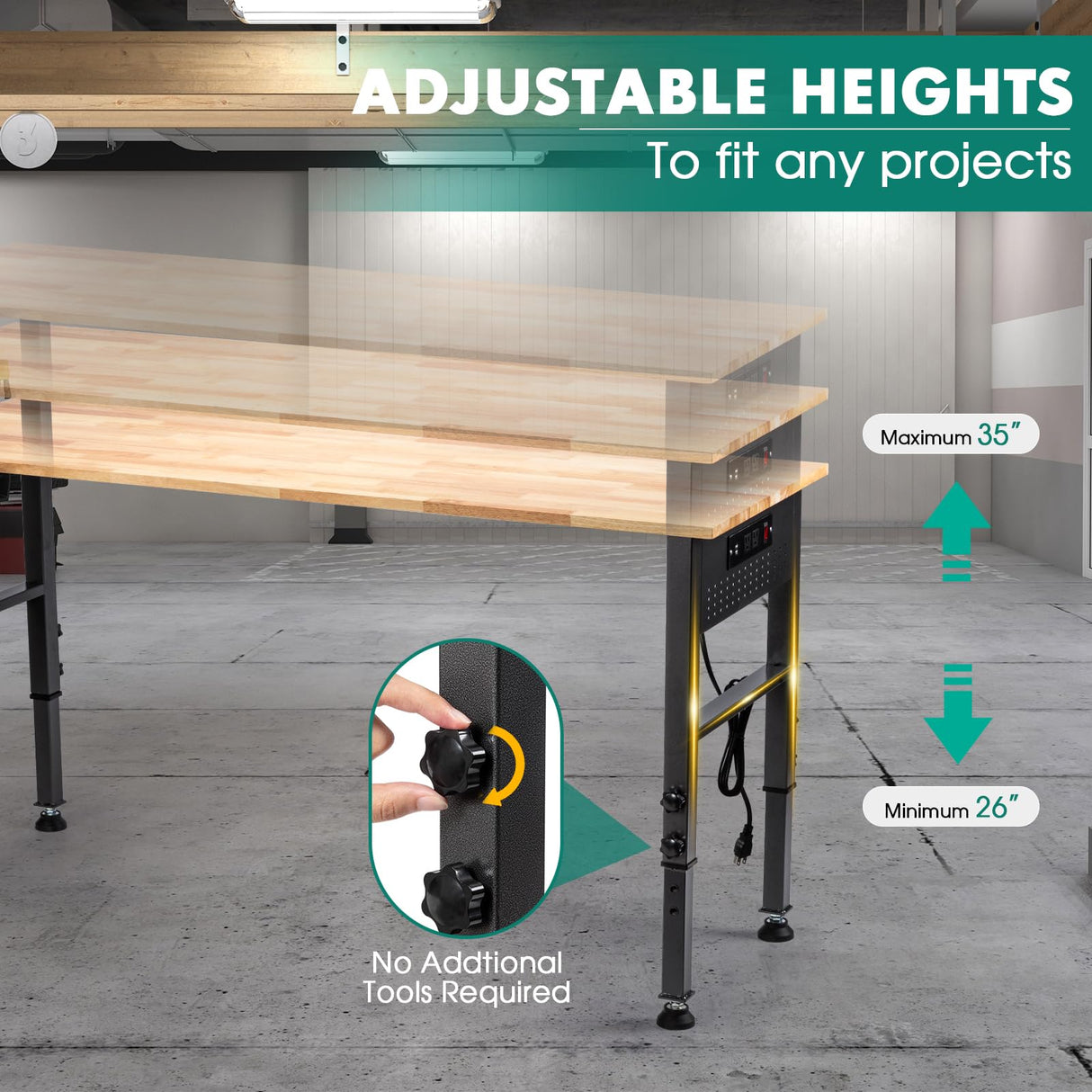 OLBRUS 60" Heavy-Duty Adjustable Workbench for Workshop Office Garage Home, Hardwood Workstation, Heavy Duty 2000 LBS Load for Adjustable Foot Pads OLBRUS