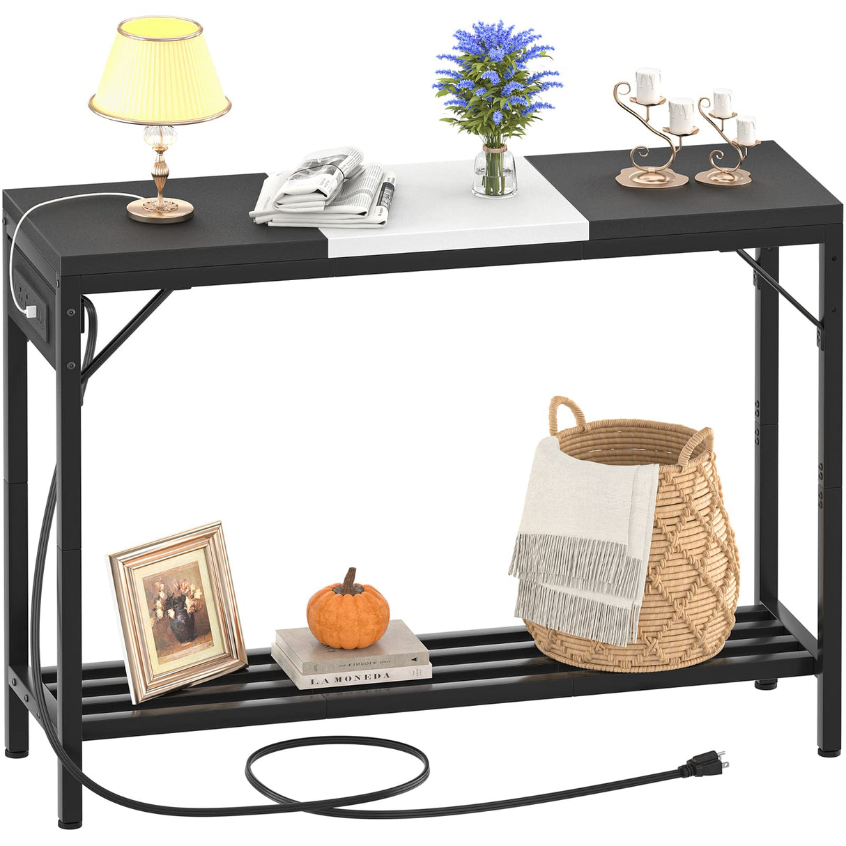 Narrow Console Table with Power Strips, Sofa Table with Storage Shelves for Living Room, 2-Tier Foyer Table for Entryway, Hallway, Behind Couch, Kitchen Counter, 39'', Black & White armocity