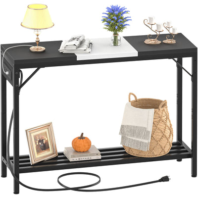 Narrow Console Table with Power Strips, Sofa Table with Storage Shelves for Living Room, 2-Tier Foyer Table for Entryway, Hallway, Behind Couch, Kitchen Counter, 39'', Black & White