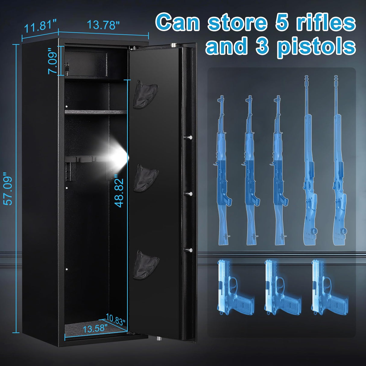 Marcree 5 Gun Safe for Rifles, Gun Cabinet with Drawer, Long Gun Safe with Dual Alarm System, Rifle Safes for Home, Shotgun Safe with LED Light, Rifle Safe with Mute Function Marcree