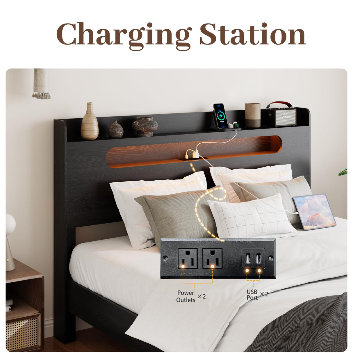 SAMTRA Wooden King Size Bed Frame with Storage Headboard, Farmhouse Platform Bedframe with Charging Station & Led Lights, Sturdy Wood Slat Framework, Easy Assembly (Rustic Black, King) SAMTRA