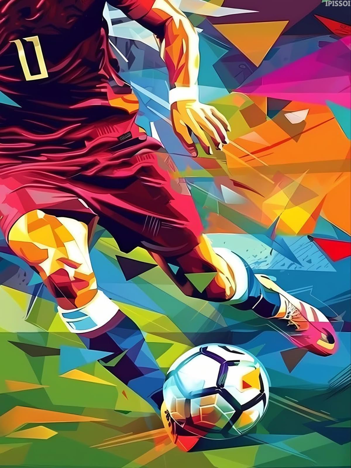 IPISSOI 5D Diamond Painting Kits Abstract Soccer Player Playing Football Diamond Art Kits for Adults DIY Sports Round Full Drill Paintings with Diamonds Gem Art for Adults Home Wall Decor 12x16 inch IPISSOI