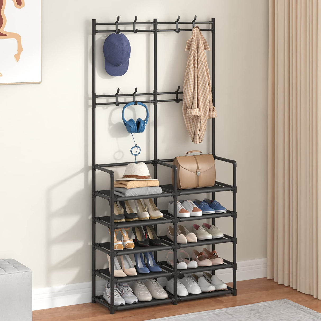 Laiensia 5-Tier Entryway Coat Rack, Coat and Shoe Rack, Entryway Bench Storage Organizer with 8 Hooks for Bedroom, Hallway, Office, Black Laiensia