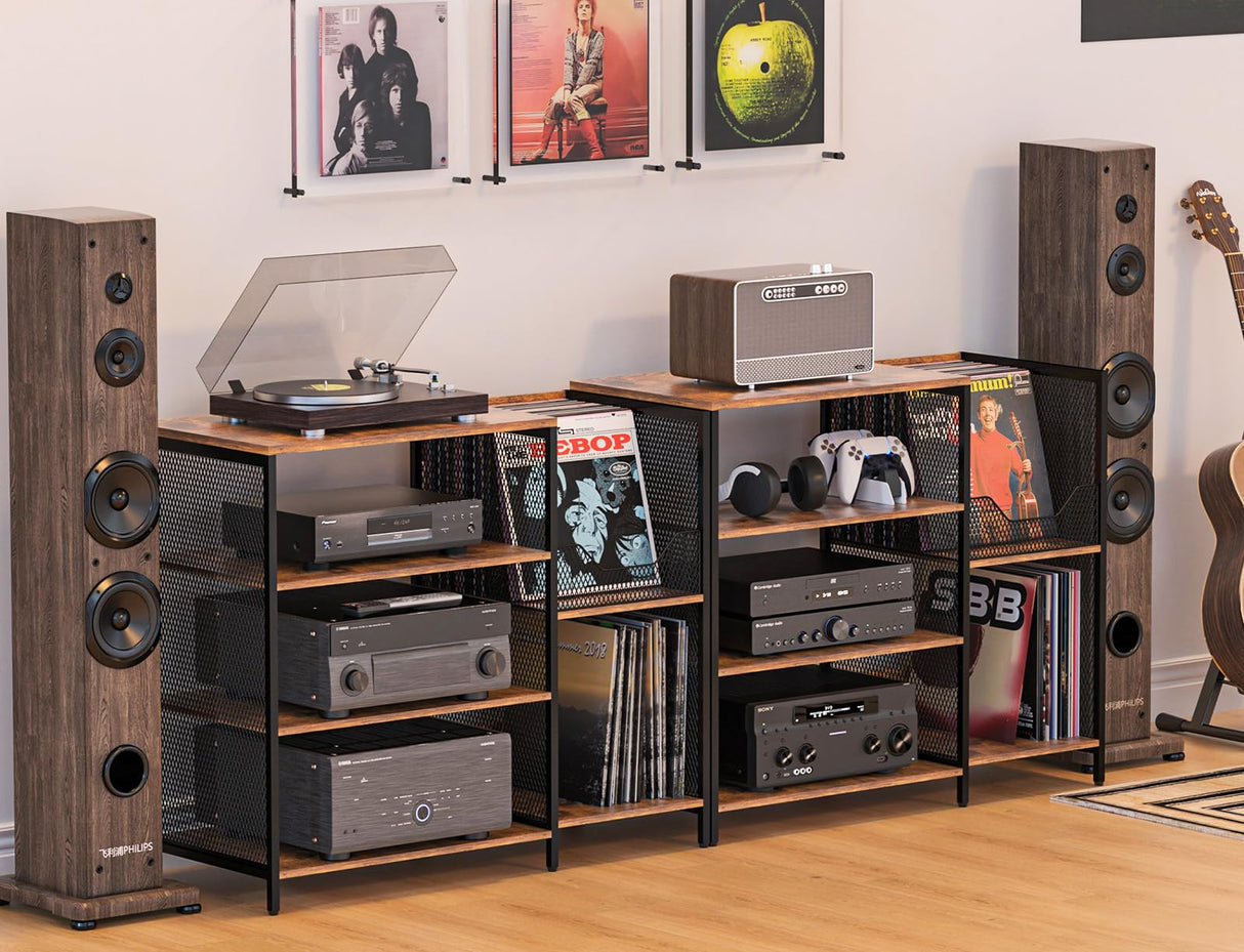 Media Console Table Stereo Stand Cabinet with Turntable Shelf, 4 Tier Record Player Stand Table with Vinyl Record Storage Holder, Audio Video Shelving Rack/Turntable Stand for Entertainment Center Cottage Charm