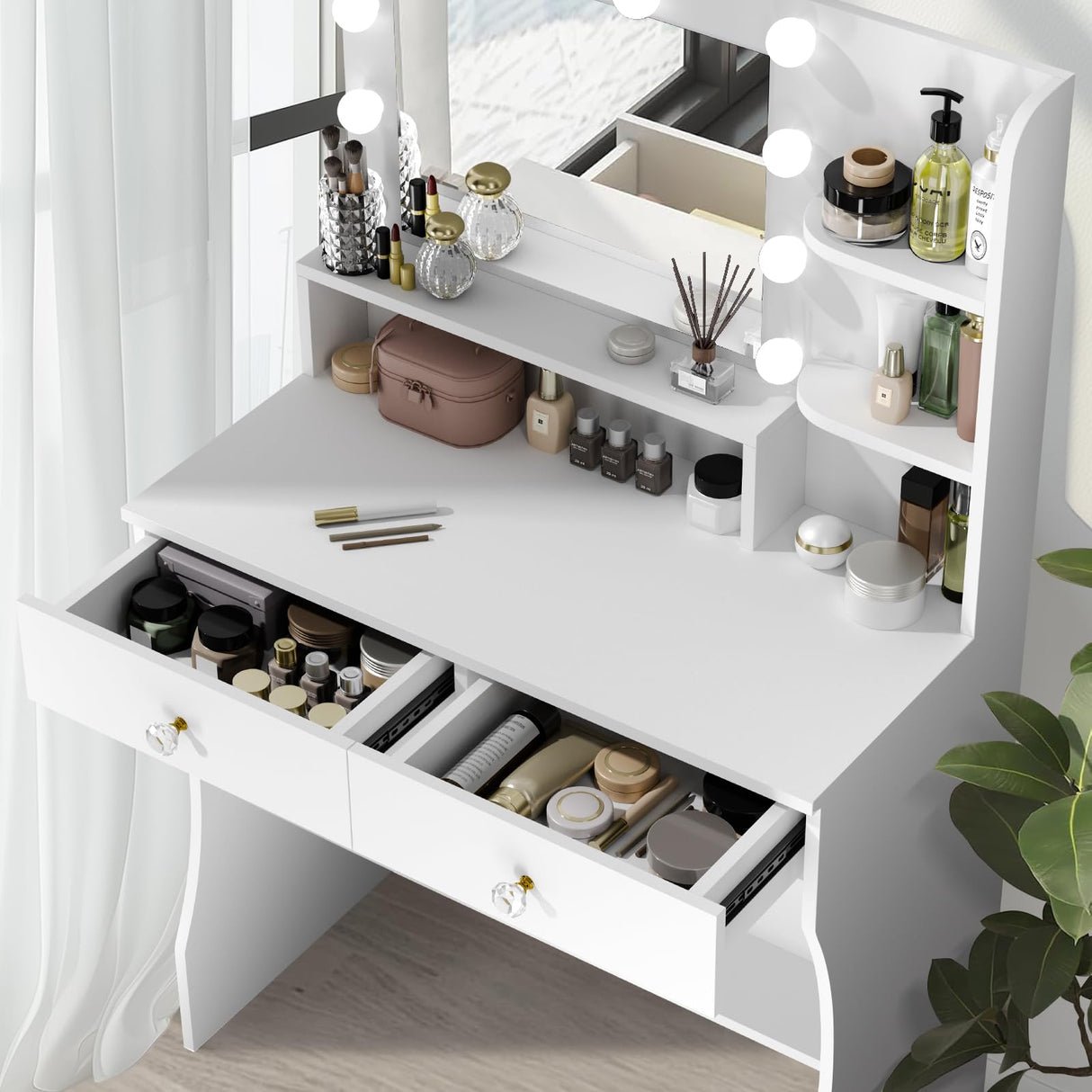 CUOZOVA Vanity Desk with Mirror and Lights, White Vanity with Lighted Mirror, Vanity with Lights with Drawers & Shelves, Makeup Vanity Desk with Lights for Bedroom & Dressing Room, 3 Lighting Modes CUOZOVA